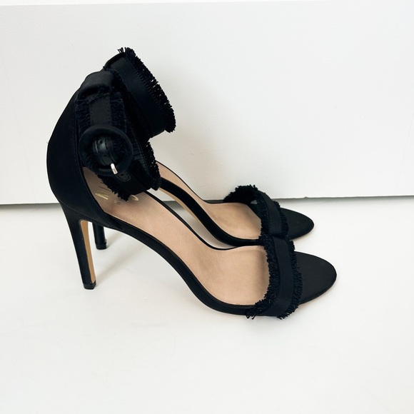 Mix No.6 Black Satin Fringe Open Toed Heels Size 8.5 - Picture 1 of 5